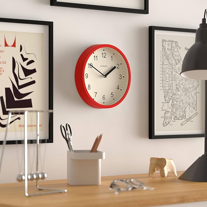 JONES CLOCKS® Spin Wall Clock | Small Modern Round Clock | 8inch | Red | Easy to Read Numbers | Ideal for Kitchen, Office, Children’s Room or Any Small Space