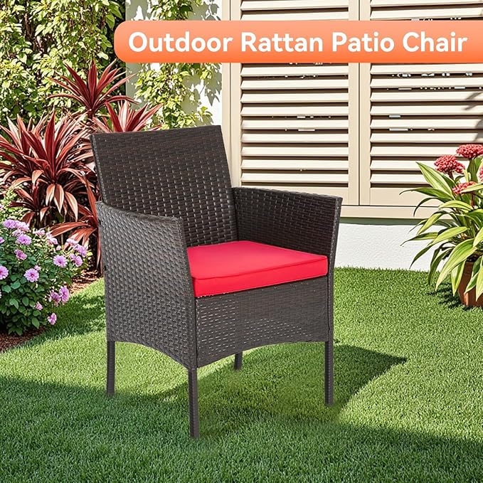 FDW Patio Furniture Set PE Rattan Patio Set Wicker Outdoor Furniture Bistro Set for Outdoor Indoor Use with Loveseats Coffee Table, Red Cushions, 4 Pieces