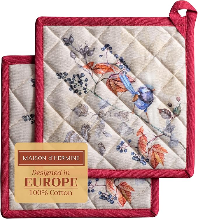 Maison d' Hermine Pot Holders Set 100% Cotton Heat Resistant Potholders 8" x 8" Hot Pads with Loop for Thanksgiving Christmas Decorations BBQ Baking Handling Hot Pans (Pack of 2, Equinoxe - Beige)