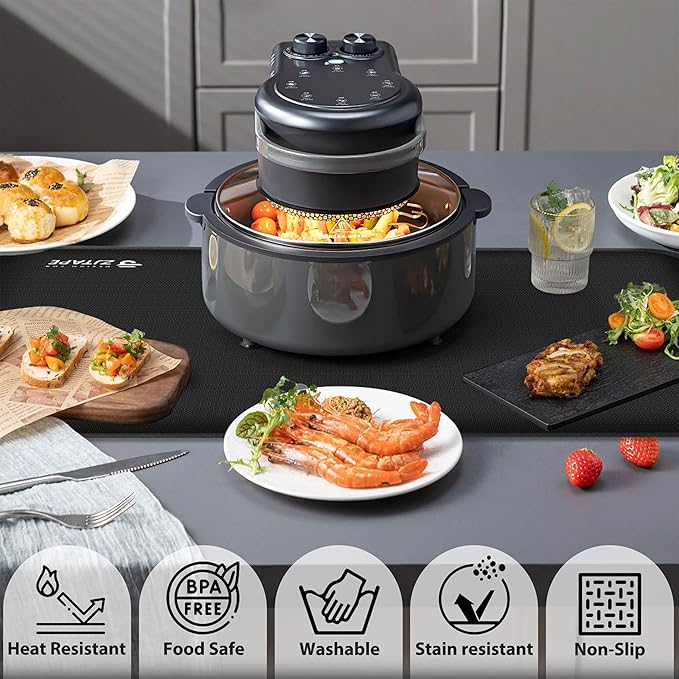 Heat Resistant Mat for Air Fryer Site - 31.5 x 17.7in, Fireproof Silicone Mats for Kitchen Counter, Countertop Protector, Non-slip & Waterproof for Deep Fryer, Oven, Coffee machine (Black)