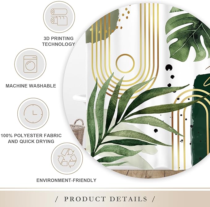 Glawry Green Gold Boho Mid Century Shower Curtain Extra Long Abstract Tropical Plant Minimalist Modern Geometric Bathroom Palm Leaf 72Wx84L Inches Bath Accessories Art Home Decor Fabric 12 Pack Hooks