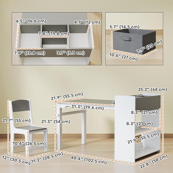 Qaba Kids Art Table & Easel Chair Set with Paper Roll, Toddler Desk and Chairs Set with Storage Shelves and Drawers, Activity Craft and Play Table for Writing Drawing Aged 3-8 Years Old, Gray