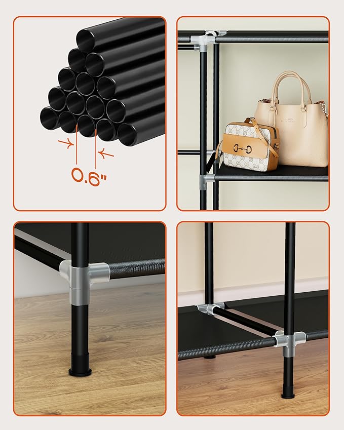 Portable Closet, 48 Inch Large Capacity Wardrobe Closet with Cover, Clothes Storage Organizer with Shelves and 1 Hanging Rod, Easy to Assembly, Black PCT221B01