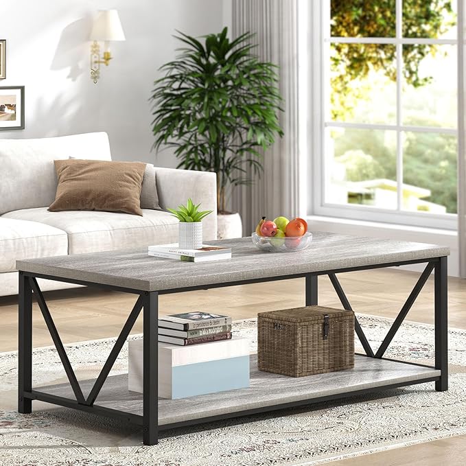 FOLUBAN Coffee Table, Modern Rectangle Living Room Table with Storage Shelf, Rustic Wood and Metal Center Table, Light Grey, 47 Inch