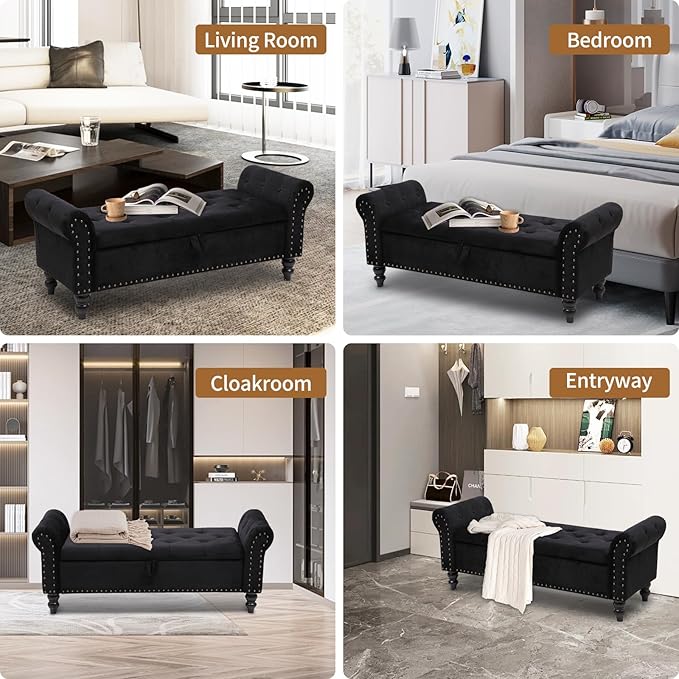Storage Ottoman Bench with Arms, Velvet End of Bed Bench for Bedroom, Button Tufted Storage Bench for Entryway, Living Room,Hallway, Large Storage Bench Foot Rest (New Black)