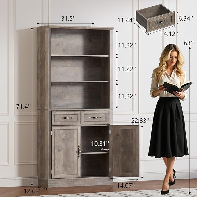 71.4" Tall Bookshelf with Drawers & Cabinet, 5-Tier Floor Standing Bookcase with Storage Doors, Adjustable Shelves & Metal Handles, 31.5" Wide Organizer for Home Office, Living Room