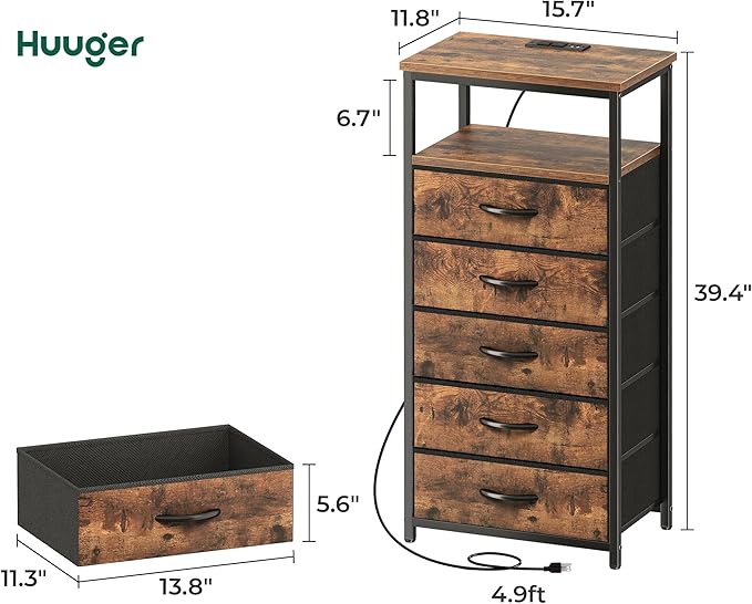 Huuger 5 Drawers Dresser with Charging Station, Dresser for Bedroom, Tall Night Stand, Chest of Drawers with Open Shelf, Bedside Table Nightstand, Fabric, for Entryway, Rustic Brown