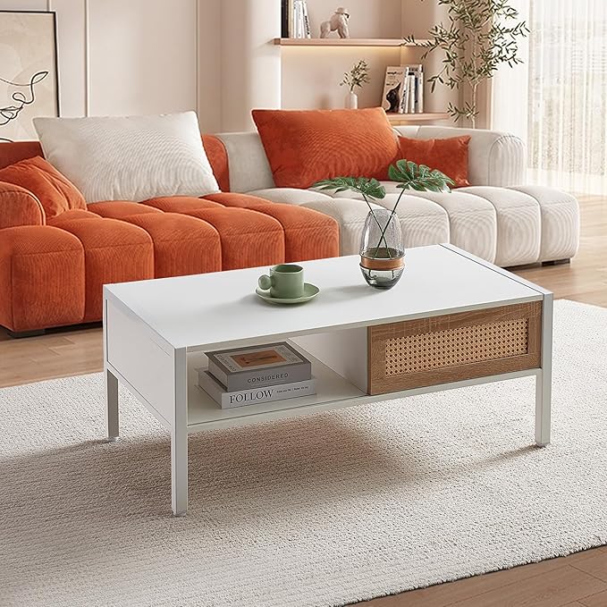 Rattan Coffee Table 40.16" Mid Century Modern Coffee Table with Storage Farmhouse Rectangle Wooden Accent Center Sofa Table with Rattan Sliding Door for Living Room (White)
