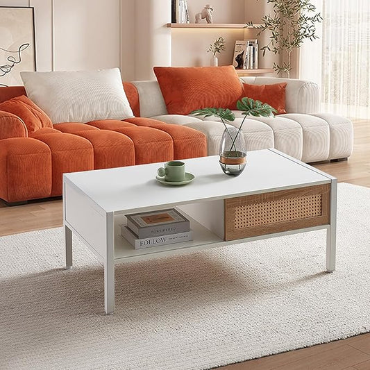Rattan Coffee Table 40.16" Mid Century Modern Coffee Table with Storage Farmhouse Rectangle Wooden Accent Center Sofa Table with Rattan Sliding Door for Living Room (White)