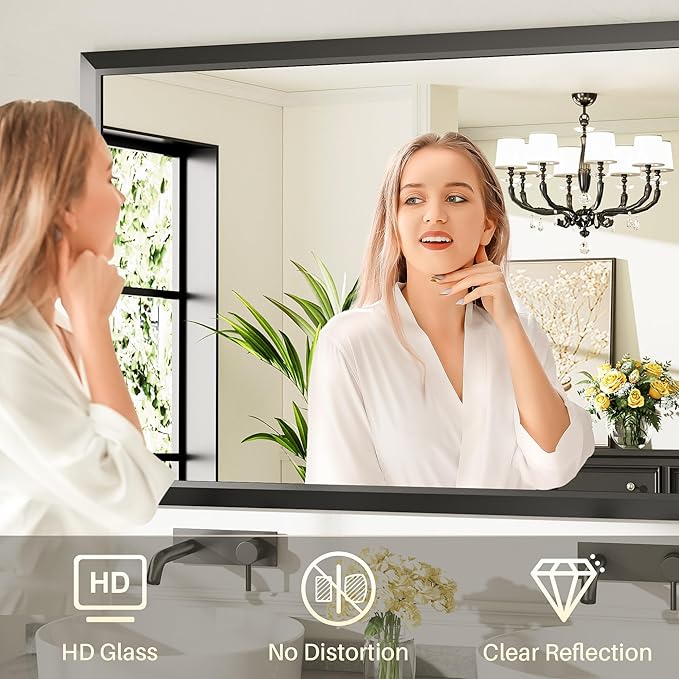 55x36 Inch Black Bathroom Mirror for Wall, Thick Metal Framed Rectangle Mirrors for Over Sink, Bedroom, Living Room, Entryway, Anti-Rust, HD Tempered Glass