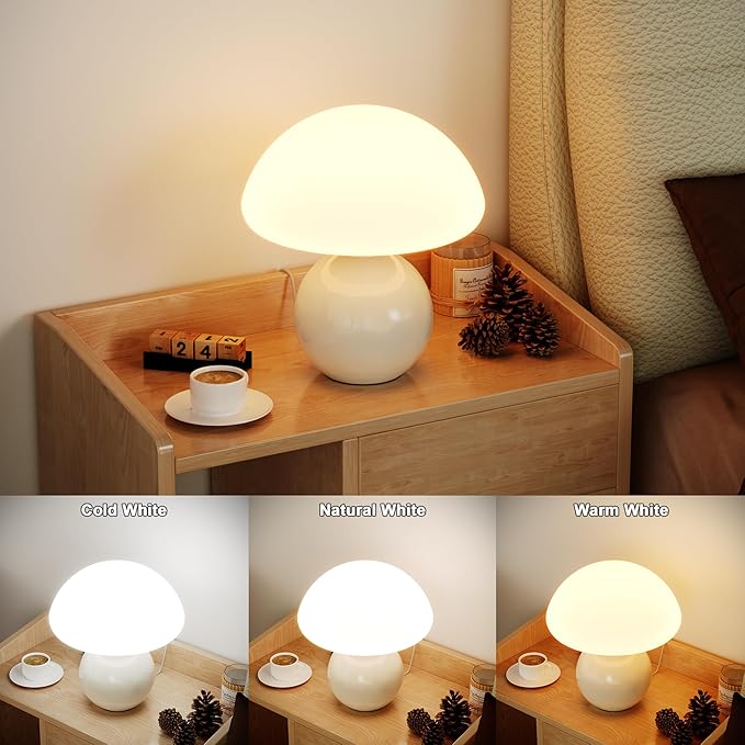 Ceramic Mushroom Lamp, Cute Mini Bedside Lamp for Aesthetic Room Decor, Dimmable Small Glass Night Light for Bedroom Living Room, Vintage Unique Table Lamp for Nightstand, White Mushroom Light