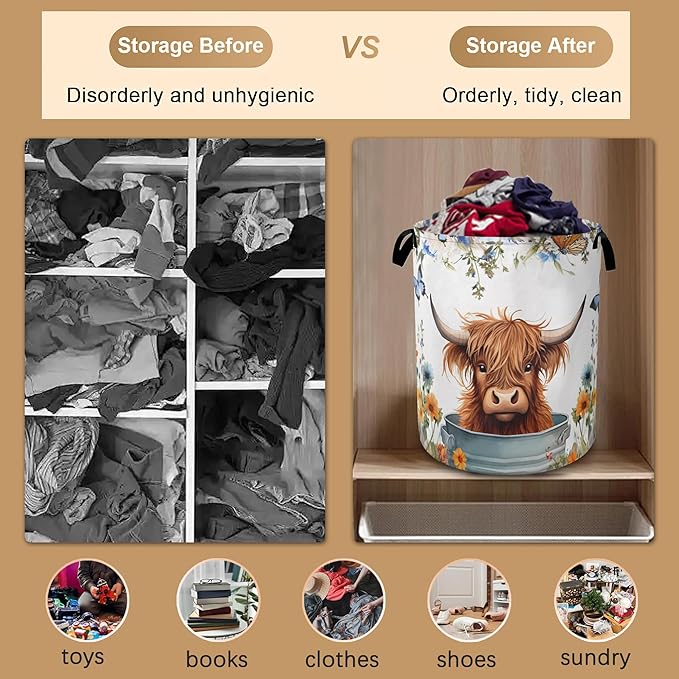 Highland Cow Laundry Hamper,Collapsible Laundry Baskets,Butterfly Flowers Dirty Clothes Baskets with Handles,Oxford Cloth Hamper for Bedroom,Bathroom,College Dorms, 16"x20"