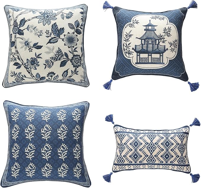 Porcelain Throw Pillow Covers Set of 4,Classic Chinoiserie Blue and White with Floral and Birds Pattern Linen Throw Pillowcases,Decorative Lumbar Square Cushion Covers for Couch Bed Car