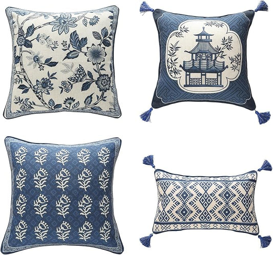 Porcelain Throw Pillow Covers Set of 4,Classic Chinoiserie Blue and White with Floral and Birds Pattern Linen Throw Pillowcases,Decorative Lumbar Square Cushion Covers for Couch Bed Car
