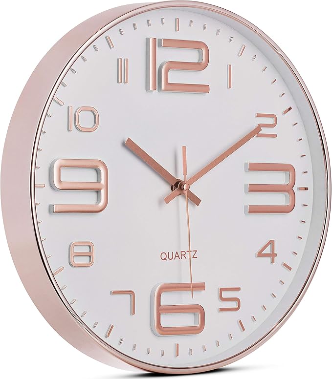 Bernhard Products Rose Gold Wall Clock 12 Inch Silent Non-Ticking Quality Quartz Battery Operated Easy to Read Decorative Modern Design for Home/Office/Kitchen/Bedroom/Living Room (Rose Gold & White)