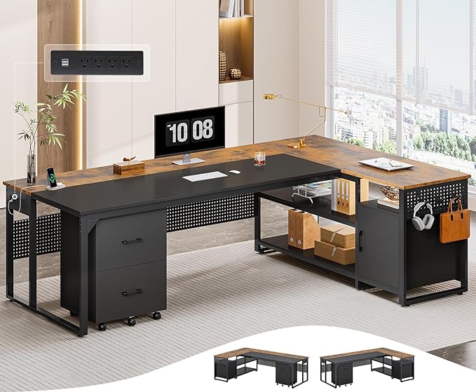 71" Executive Desk, Reversible L Shaped Desk with Mobile File Cabinet & Power Outlets, Large Office Desk with Drawers, Storage Shelves, Hooks, Corner Computer Desk for Home Office