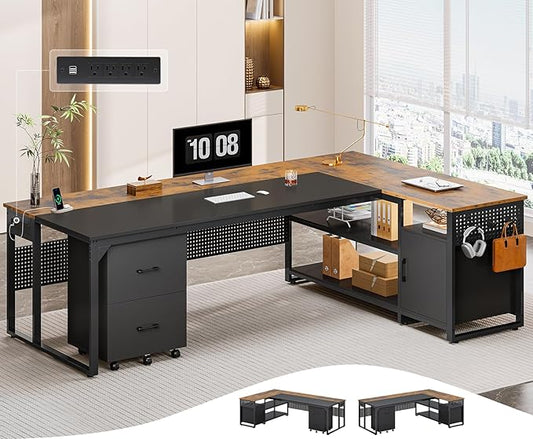 71" Executive Desk, Reversible L Shaped Desk with Mobile File Cabinet & Power Outlets, Large Office Desk with Drawers, Storage Shelves, Hooks, Corner Computer Desk for Home Office