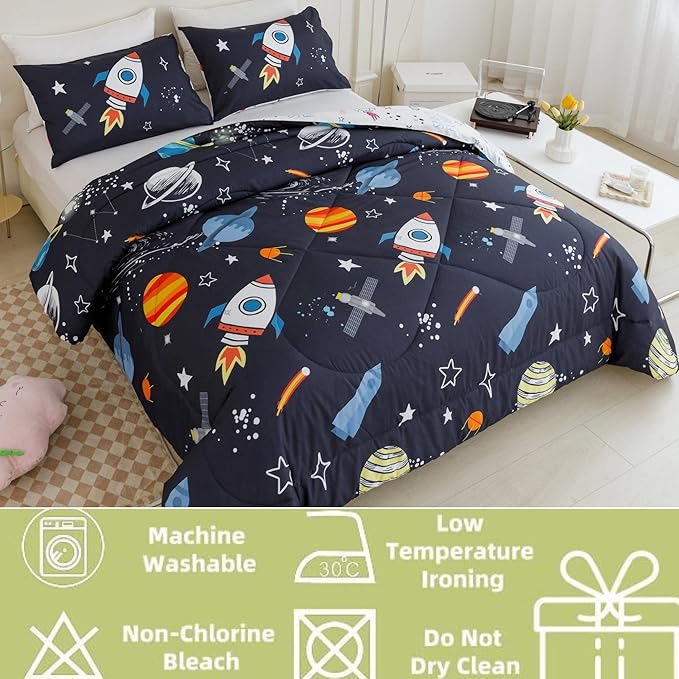 RYNGHIPY Kids Comforter Set Twin Size Cute Rocket Bedding Set for Boys Girls Space Themed Teen Boy Bedding (Space Rocket,Twin)
