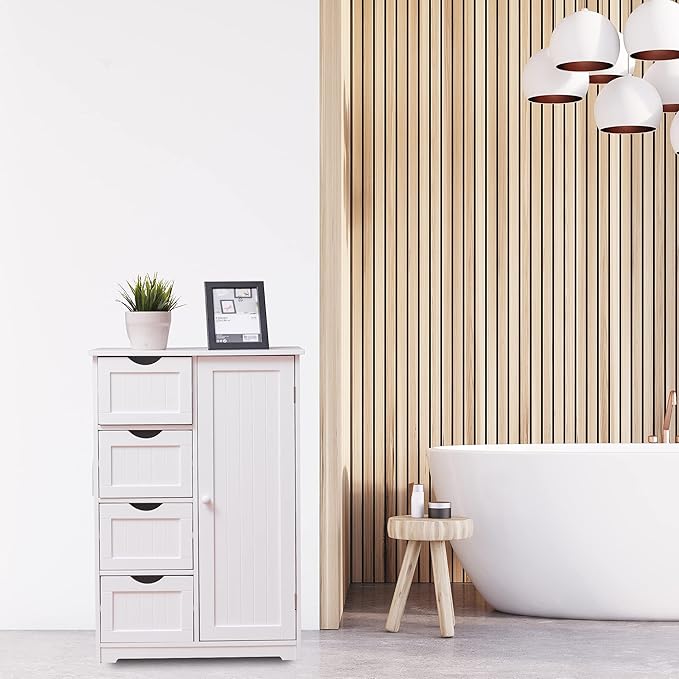 GLACER Bathroom Floor Cabinet, Multifunctional Storage Cabinet with 4 Drawers and 1 Door, Wooden Side Storage Organizer for Bathroom, Living Room or Kitchen, 22 x 12 x 32 inches (White)