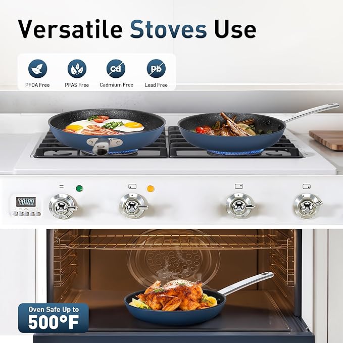 MAISON ARTS Nonstick Frying Pans Set 2 Piece, 9.5" and 11" Skillet with Stainless Steel Handle, Non Toxic Deep Fry Pan, Induction Cookware Sets with Healthy Plasma Titanium Coating