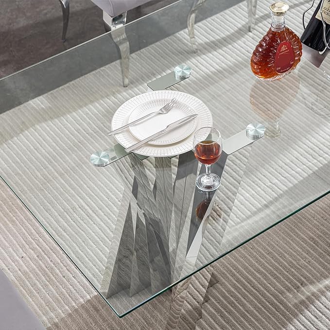 Goujxcy Modern 7 Piece Glass Dining Table Set Luxury Glass Kitchen Table and Chair Set for 6, 70" Large Rectangular Dining Room Table with 6 Tufted Chairs and Stainless Steel Legs (Silver & Black)