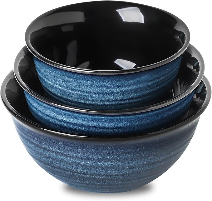 Ceramic Mixing Bowls,Large Serving Bowls 2.1/1.5/1.0 Qt,Salad Bowls Set of 3 for Kitchen Space Saving Storage,Nesting Bowls for Popcorn,Soup,Fruit, Microwave & Dishwasher Safe,Navy Blue