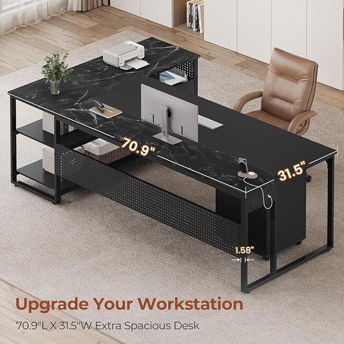71" Executive Desk, Reversible L Shaped Desk with Mobile File Cabinet & Power Outlets, Large Office Desk with Drawers, Storage Shelves, Hooks, Corner Computer Desk for Home Office (Black)