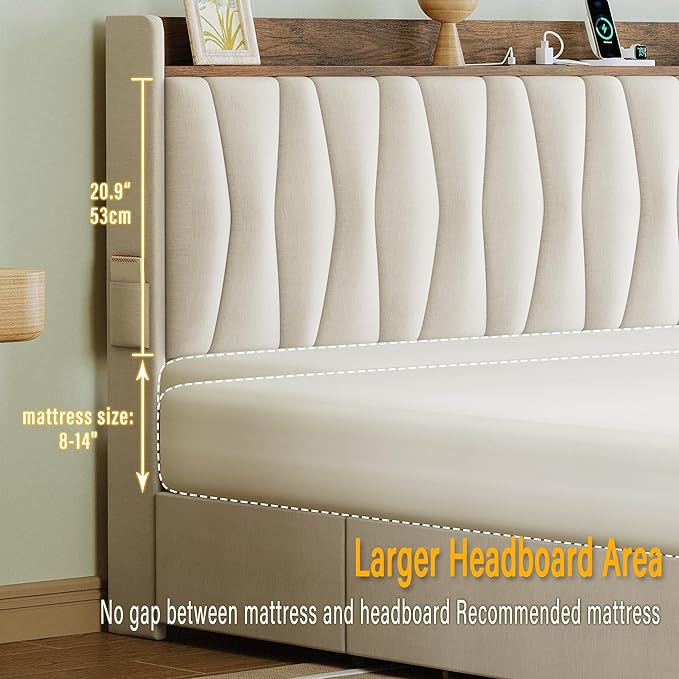 ANCTOR Twin XL Bed Frame with 3 Drawers, Upholstered Platform Bed with Storage Headboard and Charging Station, No Box Spring Needed, Easy Assembly, Beige
