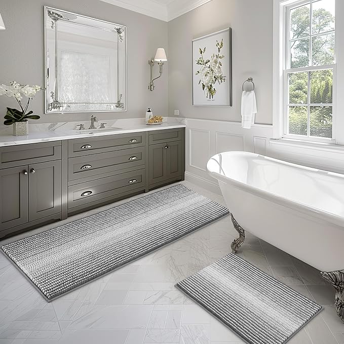 BSICPRO Bathroom Rugs and Mats Sets, 2 Piece Thick Absorbent Chenille Bath Mat Rug Set Non Slip, Soft Shaggy Bath Room Floor Mats for Bathroom, Machine Washable (Gray, 24" x 70" Plus 20" x 32")