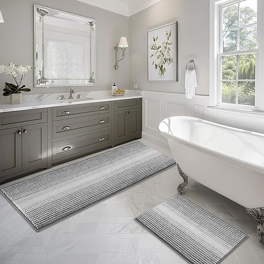 BSICPRO Bathroom Rugs and Mats Sets, 2 Piece Thick Absorbent Chenille Bath Mat Rug Set Non Slip, Soft Shaggy Bath Room Floor Mats for Bathroom, Machine Washable (Gray, 24" x 70" Plus 20" x 32")