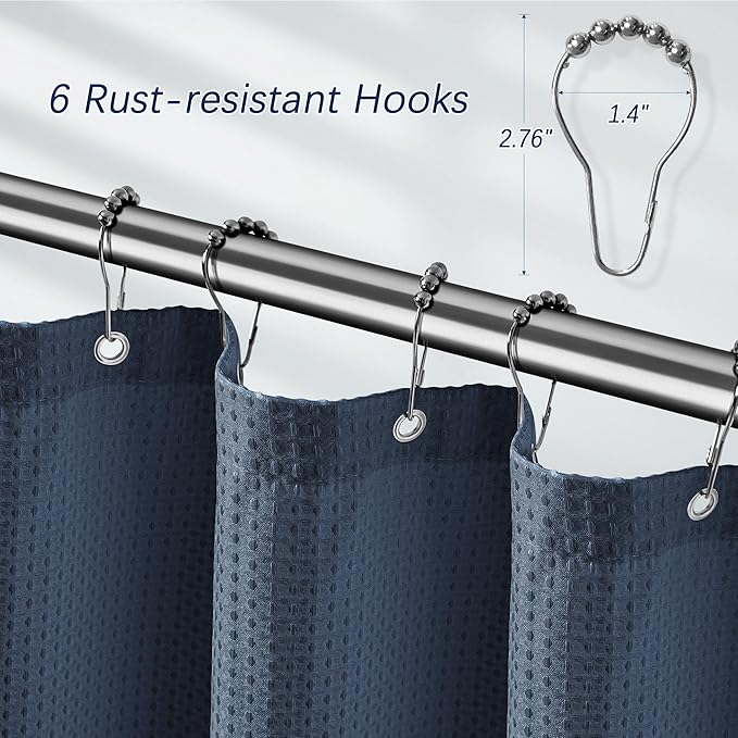 Shower Curtain Fabric Washable for Stall, Waffle Weave 36 Inches Heavy Duty Navy Shower Curtain, Half Size Waterproof 256GSM Spa Luxury Shower Curtains with 6 Metal Hooks,36Wx72H Navy Blue
