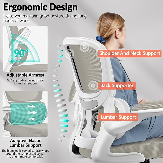 Home Office Desk Chair, Ergonomic Office Chair with Lumbar Support and Adjustable Armrests, Rocking Office Chair, Breathable Mesh Mid Back Computer Chair, Modern Comfy Desk Chair