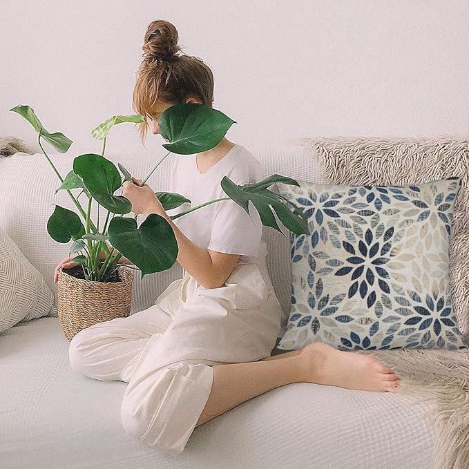 Dahlia Pillow Covers 16x16 Inch Set of 2 Summer Rust Geometric Flower Outdoor Decorative Throw Pillows Farmhouse Navy Blue Pillow Case Linen Square Cushion Cover for Home Sofa Bedroom Living Room