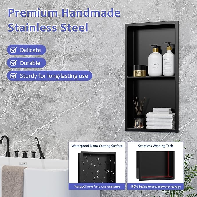 Shower Niche No Tile Needed, 12" X 24"(Inner Size 11"X22.6") Bathroom Niche for Shower Wall, Black Stainless Steel Shower Niche Insert for Bathroom, Recessed 2-Tier Wall Niche Shelf