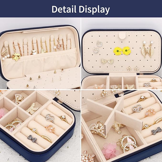 DesignSter Travel Jewelry Box, PU Leather Portable Jewelry Case, Small Jewelry Boxes for Gifts, Travel Jewelry Organizer for Women Rings Earrings Necklaces Bracelets (Dark Blue)