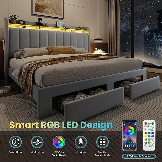 SHA CERLIN Velvet King Size Bed Frame with Vertical Channel Tufted Wingback Headboard & 2 Storage Drawers/2-Tier Shelves with LED Lights & Charging Station/Noise-Free/No Box Spring Needed/Light Grey