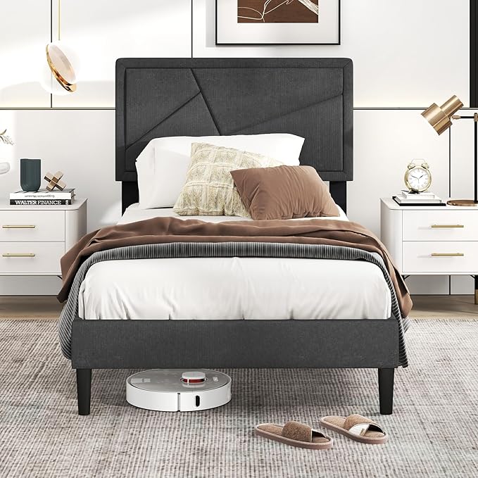 Giantex Twin Bed Frames with Headboard, Modern Upholstered Platform Bed Frame with Geometric Tufting Headboard, Wooden Slats Support, No Box Spring Needed, Gray