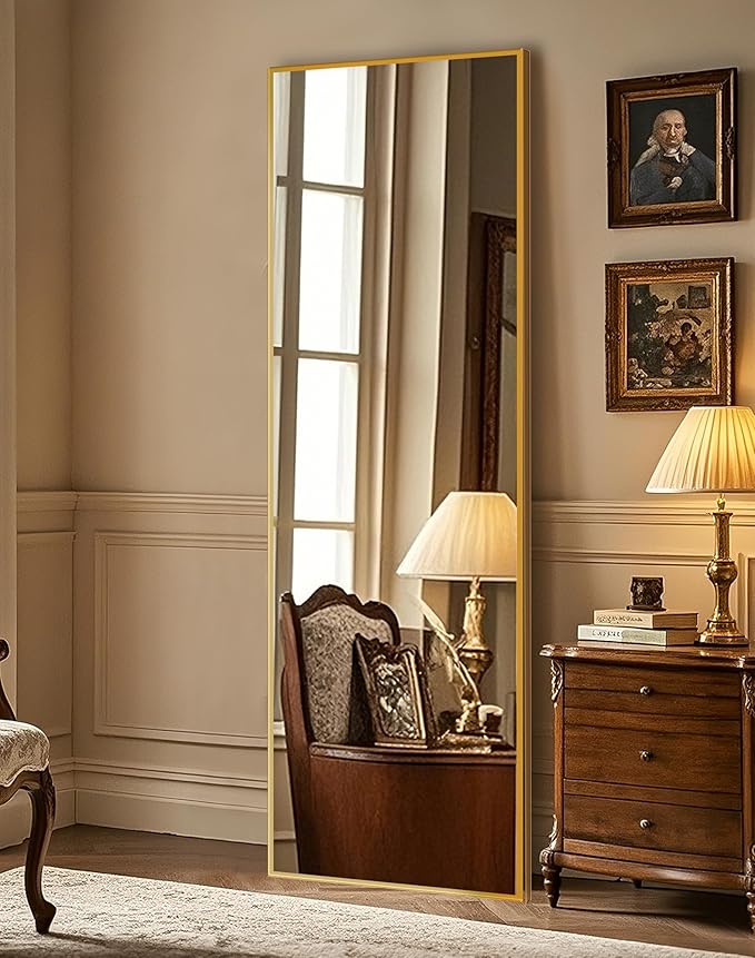 Delma Wall Mirror Full Length Mirror,Standing Mirror Full Body,Large Floor Mirror for Wall Door Bedroom Bathroom Living Room with Aluminium Frame(with Stand,Rect 56x15-Gold)