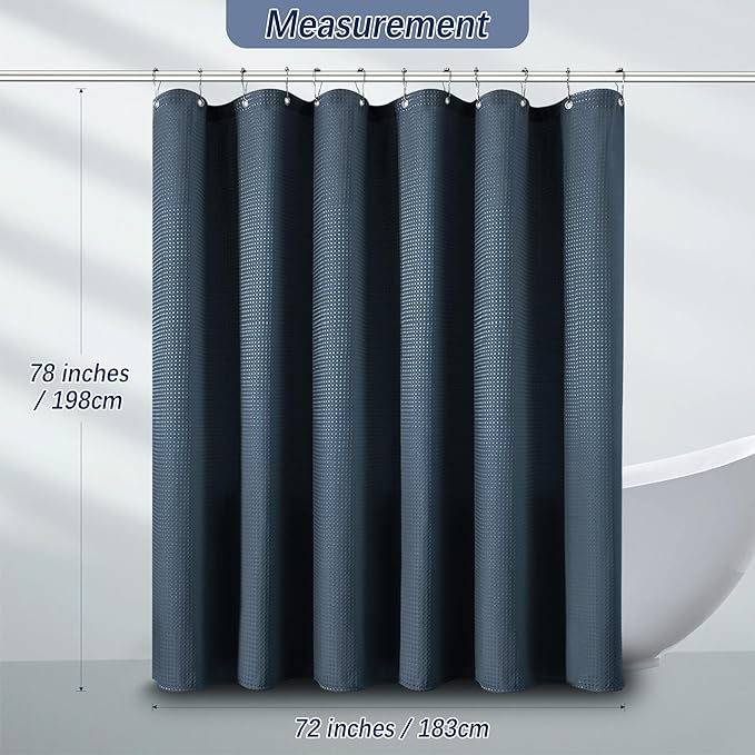 Shower Curtain Blue Water Resistant Waffle Weave Textured Heavy Duty Shower Curtain for Bathroom, 256GSM Modern Thick Fabric Shower Curtains Hotel Quality Spa with 12 Hooks, 72Wx78H Navy
