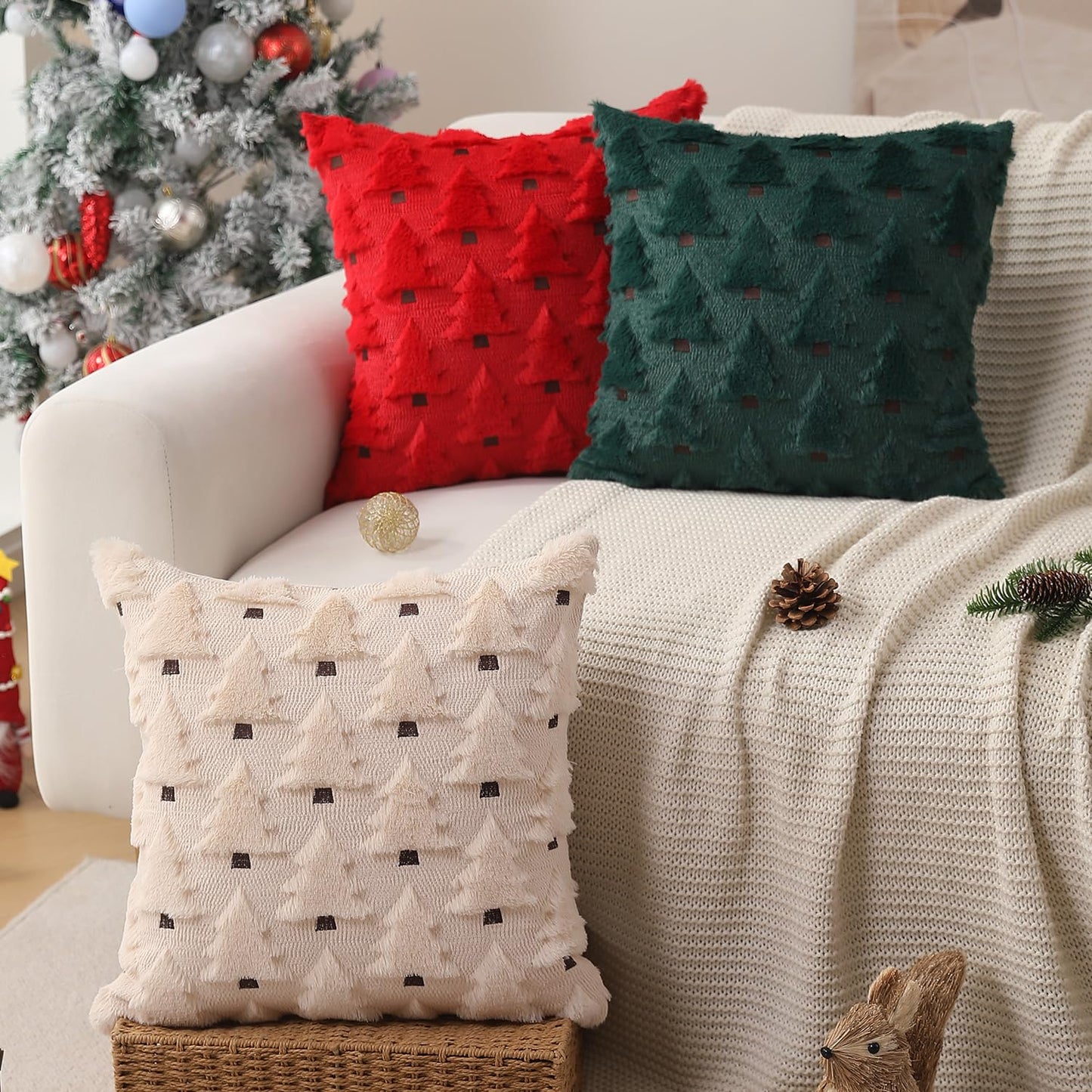 Allorry Christmas Pillow Covers 18x18 inch Set of 2 Xmas Decorations Soft Plush Faux Fur Wool Beige Christmas Tree Throw Pillow Cases Winter Holiday Decor for Sofa Living Room PT-002C18