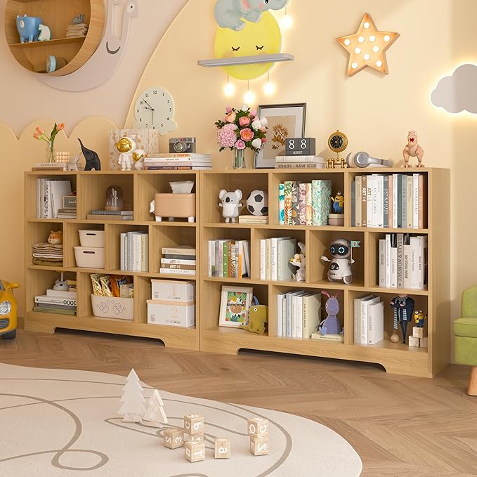 Kids Book Shelf Set of 2, 10 Cubes Storage Organizer Montessori Bookshelf, 3-Tier Wooden Kids Bookcase, Toy Storage Organizer for Children, Wooden Toddler Bookshelf Cube Shelf for Kid’s Room