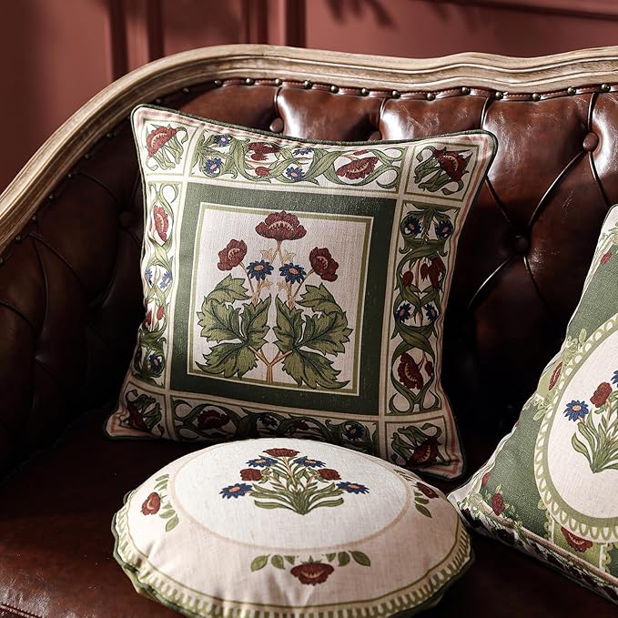 Design Linen Square Throw Pillow Covers 18"x18" Pack of 2, Yellow Green French Cushion Covers with Red Rose Floral Pattern Decoration Pillowcases for Bed, Living Room, Outdoor, Car