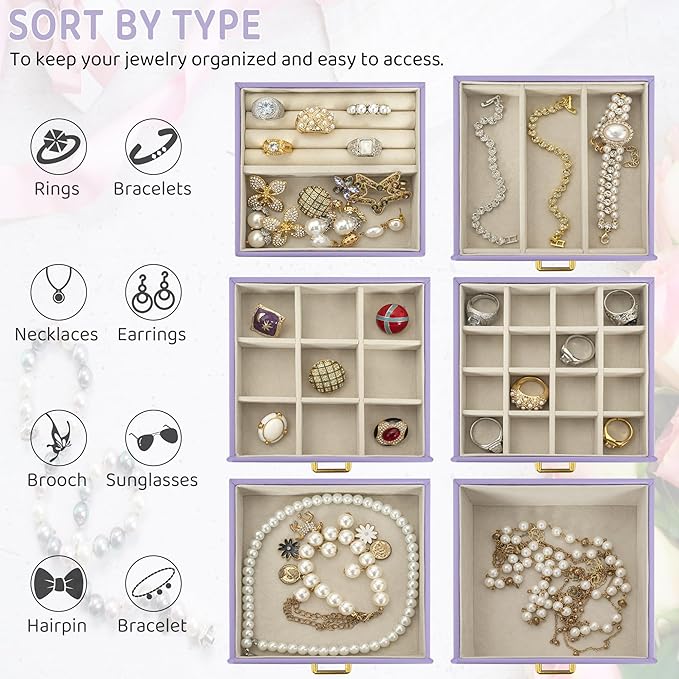 AKOZLIN Jewelry Box Organizer Functional Leather Jewelry Storage Case for Women Girls Ring Necklace Earring Bracelet Holder Organizer with Mirror Purple