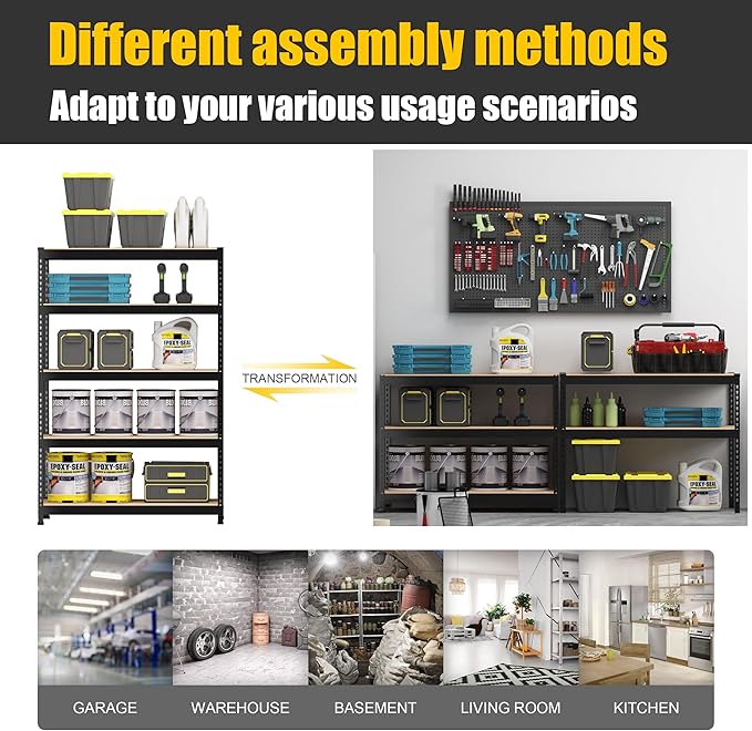 PrimeZone 48" W x 18" D x 72" H Garage Shelving Heavy Duty - Adjustable Metal Storage Shelves, 5 Tier Industrial Shelving Unit, Utility Shelf Rack for Basement, Warehouse, Pantry, Closet, Black, 4Pack
