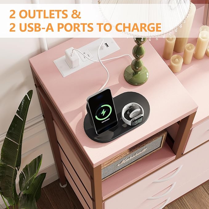 Jojoka TV Stand with Charging Station, Bedroom Dresser for Living Room TV Stand with 9 Drawers, Pink