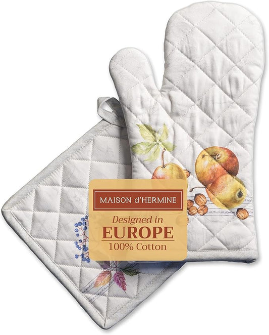 Maison d' Hermine 100% Cotton Oven Mitt & Pot Holder Set (7.5"x13" & 8"x8") Heat Resistant BBQ Cooking Gloves with Loop for Thanksgiving Christmas Decorations Handling Hot Pans (Fruit D'Hiver)