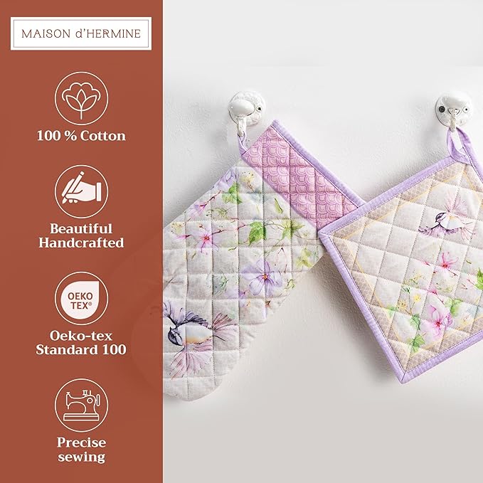 Maison d' Hermine 100% Cotton Oven Mitt & Pot Holder Set (7.5"x13" & 8"x8") Heat Resistant BBQ Cooking Gloves with Loop, Baking, Grilling, Kitchen, Handling Hot Pans Spring/Summer (Magnolia Mornings)
