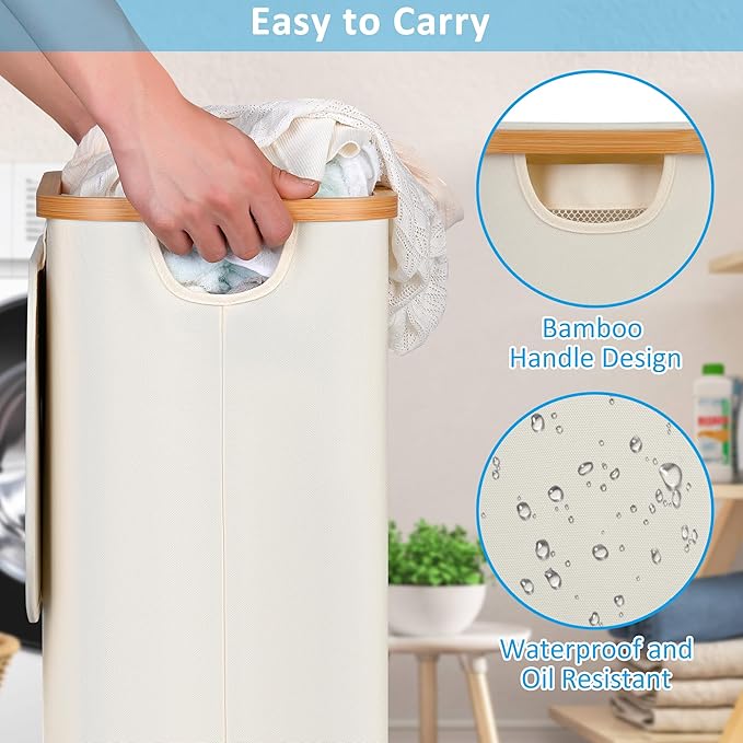 efluky Slim Laundry Basket with Wheels, Narrow Rolling Laundry Hamper with Lid and Removable Bag, Aesthetic Dirty Clothes Hamper on Wheels for Laundry Room, Bedroom, Dorm and Bathroom, 75L Beige