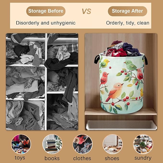 Colorful Bird Green Leaves Collapsible Laundry Baskets,Laundry Hamper,Storage Basket with Handles for Bathroom Bedroom College Dormitory Living Room Nursery Organizer 16"x20"