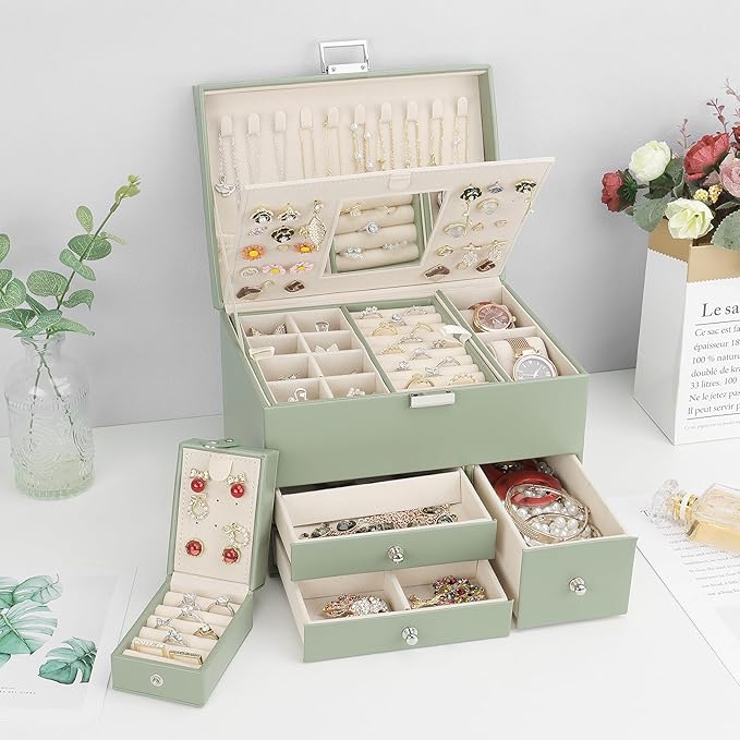 Jewelry Organizer Box, 3 Layers Large Jewelry Box with Travel Jewelry Case and Removable Tray, Jewelry Storage Case with Mirror for Necklaces Earrings Rings Bracelets Watches (Avocado Green)